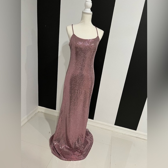 Adam Pink Sequin Maxi Gown Spaghetti Strap Prom - Picture 3 of 13